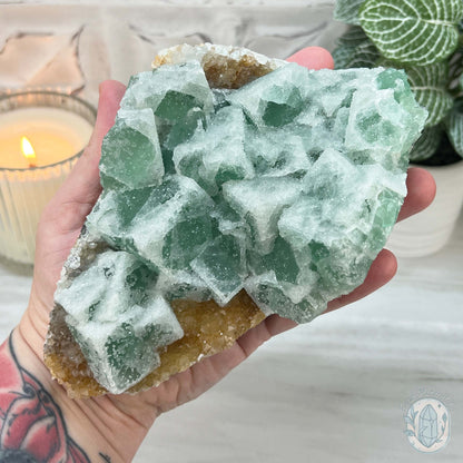 UV Reactive Green Fluorite With Druzy Quartz Specimen