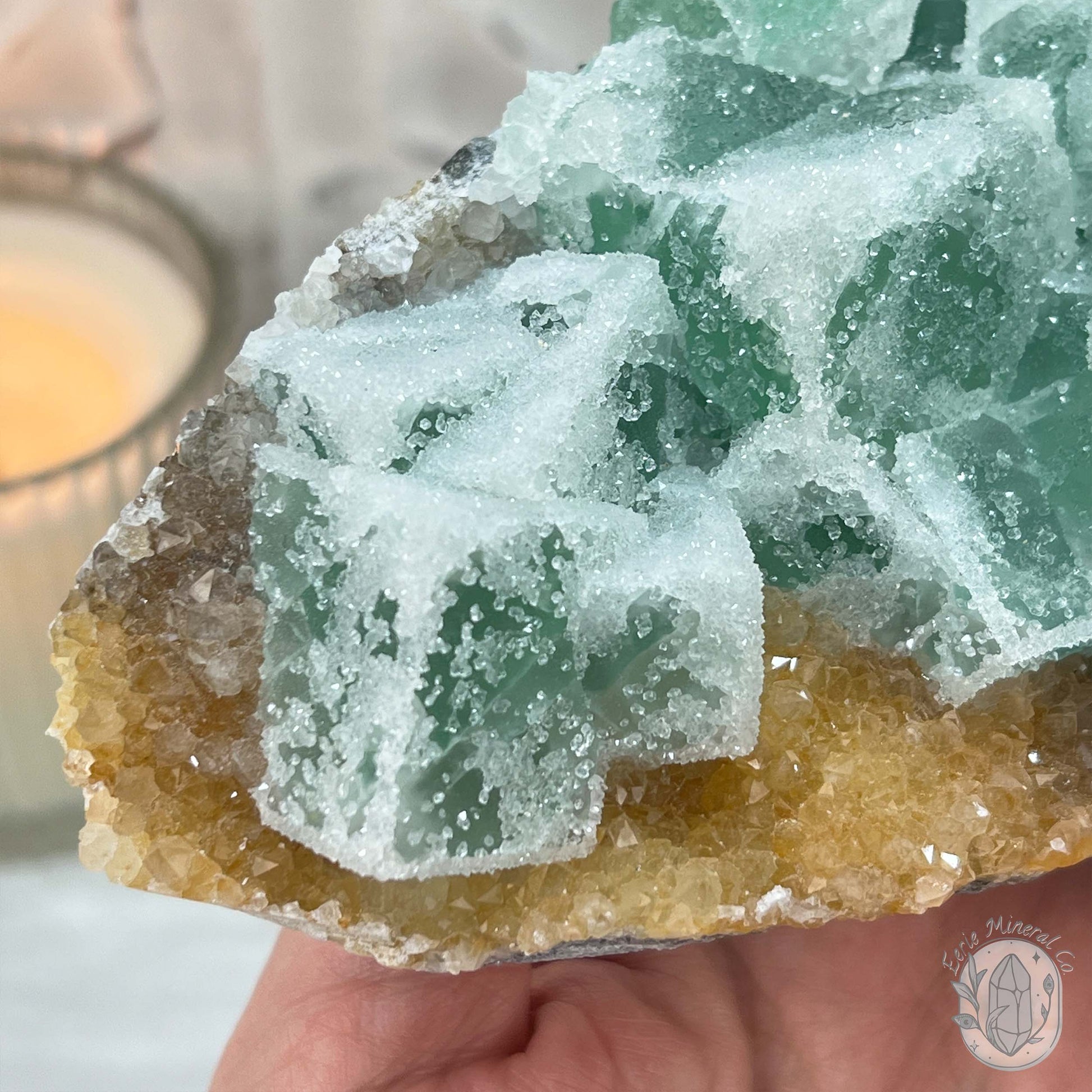 UV Reactive Green Fluorite With Druzy Quartz Specimen