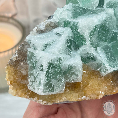 UV Reactive Green Fluorite With Druzy Quartz Specimen