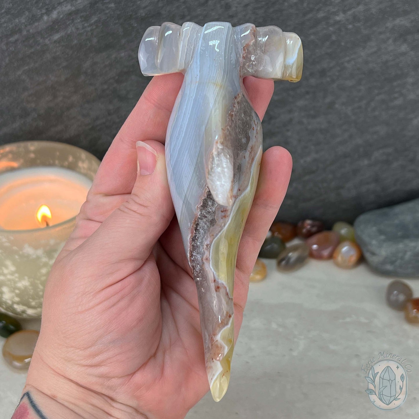 Layered Quartz Agate Hammerhead Shark Carving