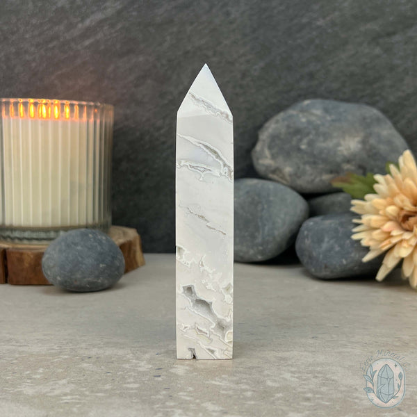 Polished White Druzy Agate Obelisk Tower