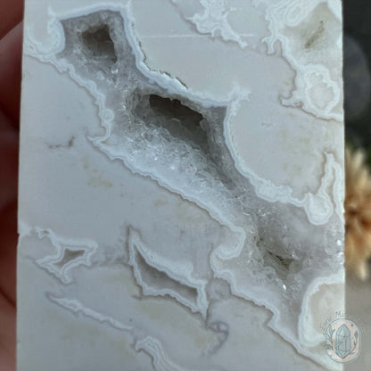 Polished White Druzy Agate Obelisk Tower