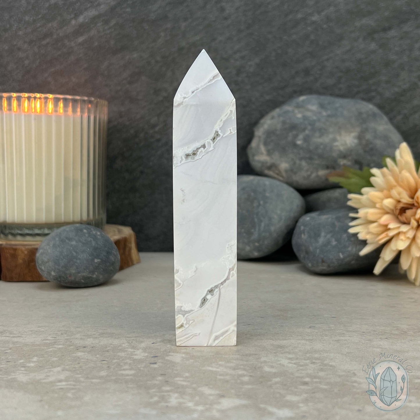 Polished White Druzy Agate Obelisk Tower