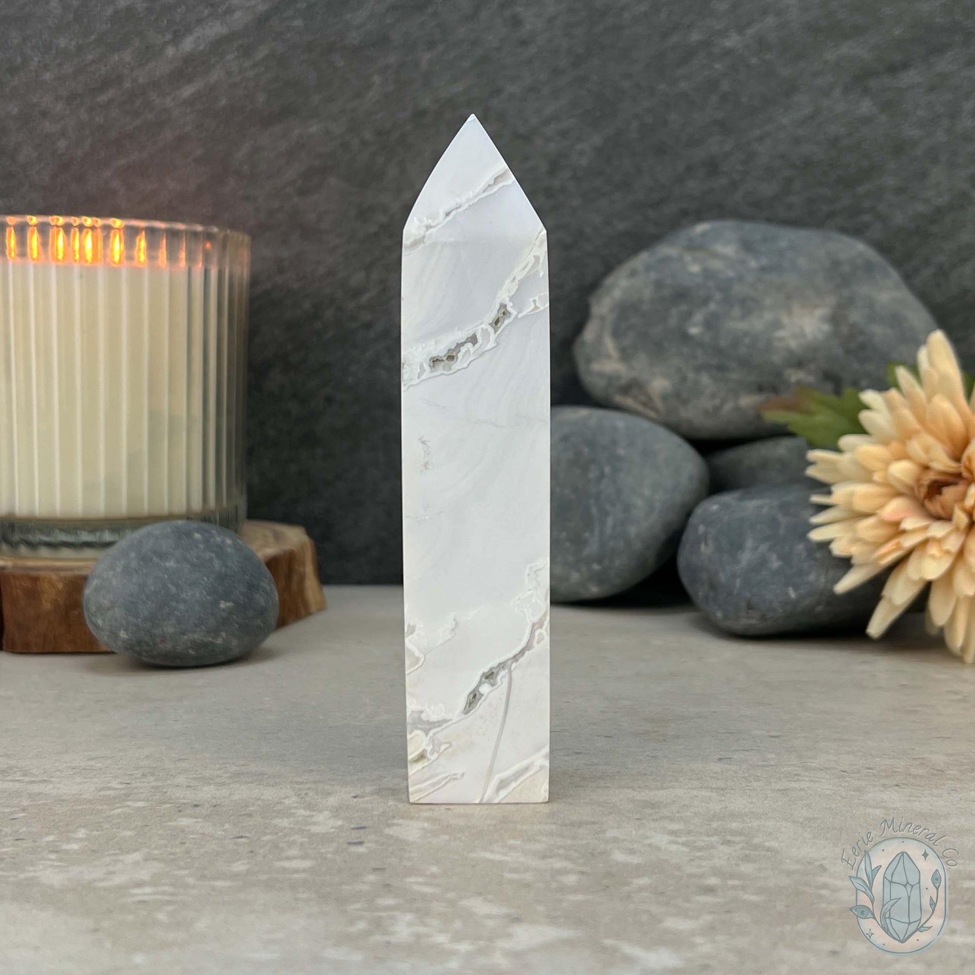 Polished White Druzy Agate Obelisk Tower