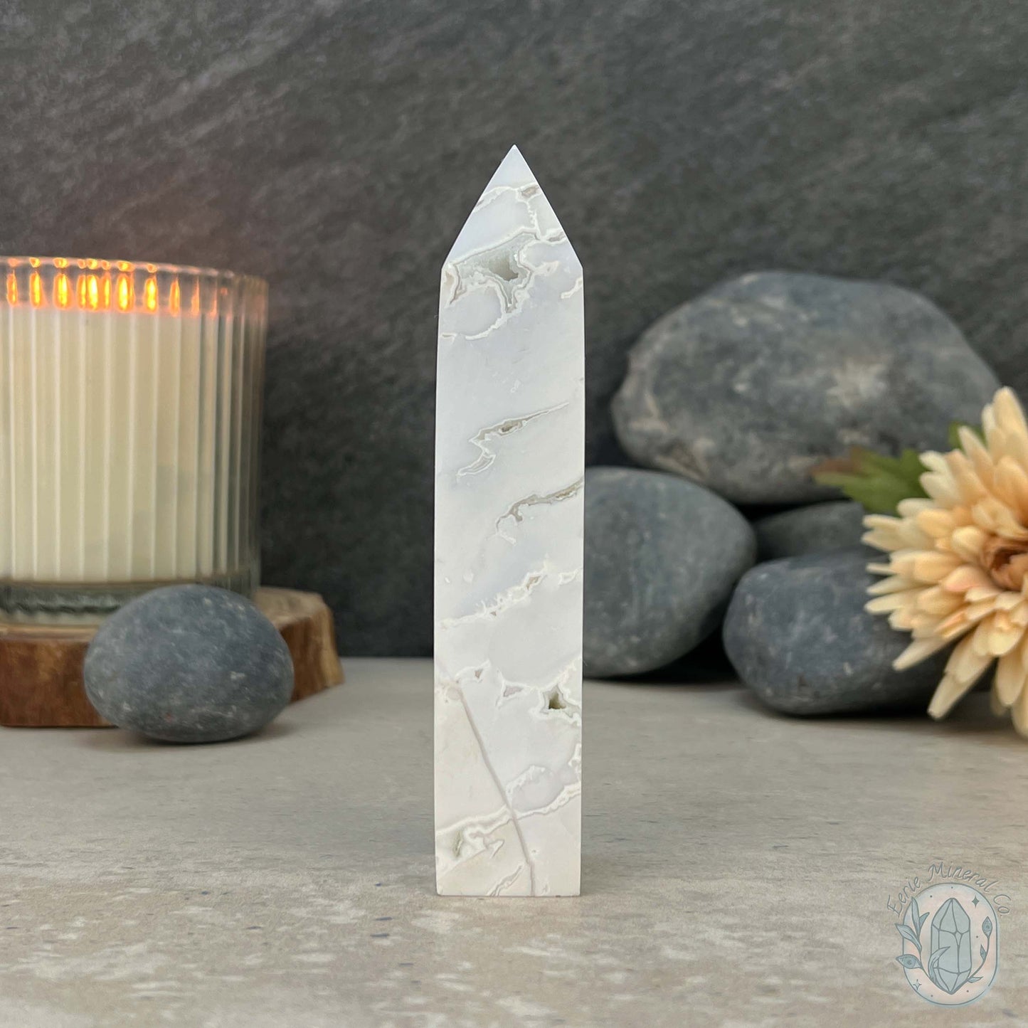 Polished White Druzy Agate Obelisk Tower