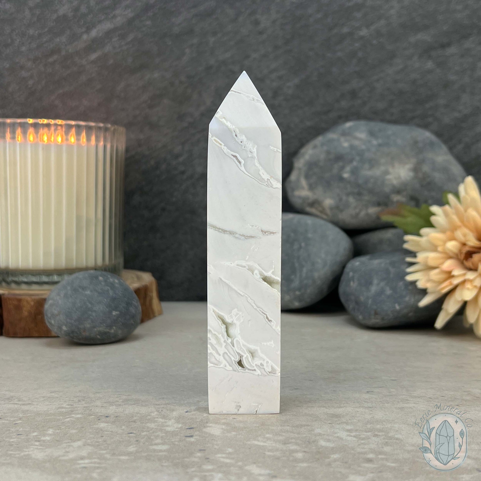 Polished White Druzy Agate Obelisk Tower