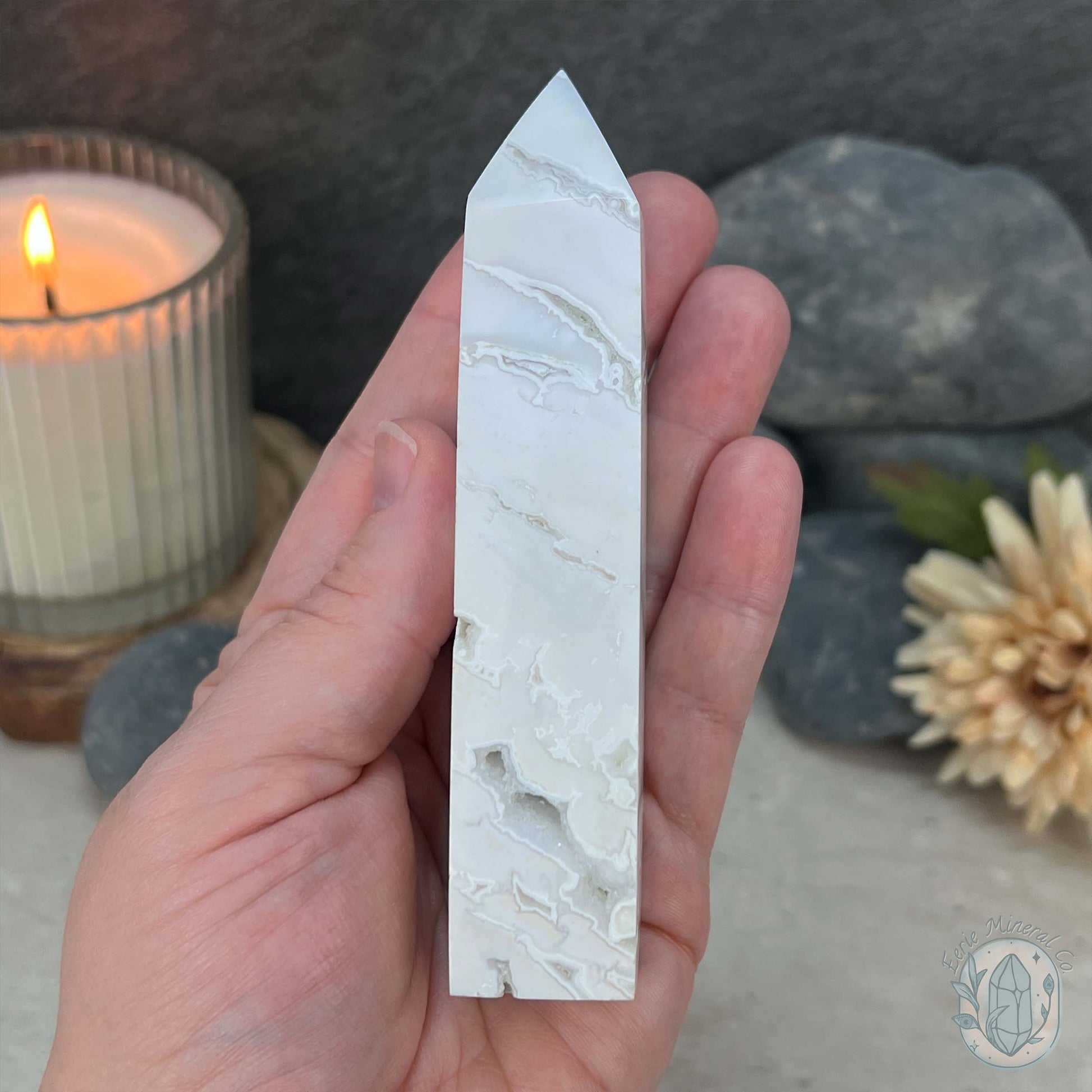 Polished White Druzy Agate Obelisk Tower