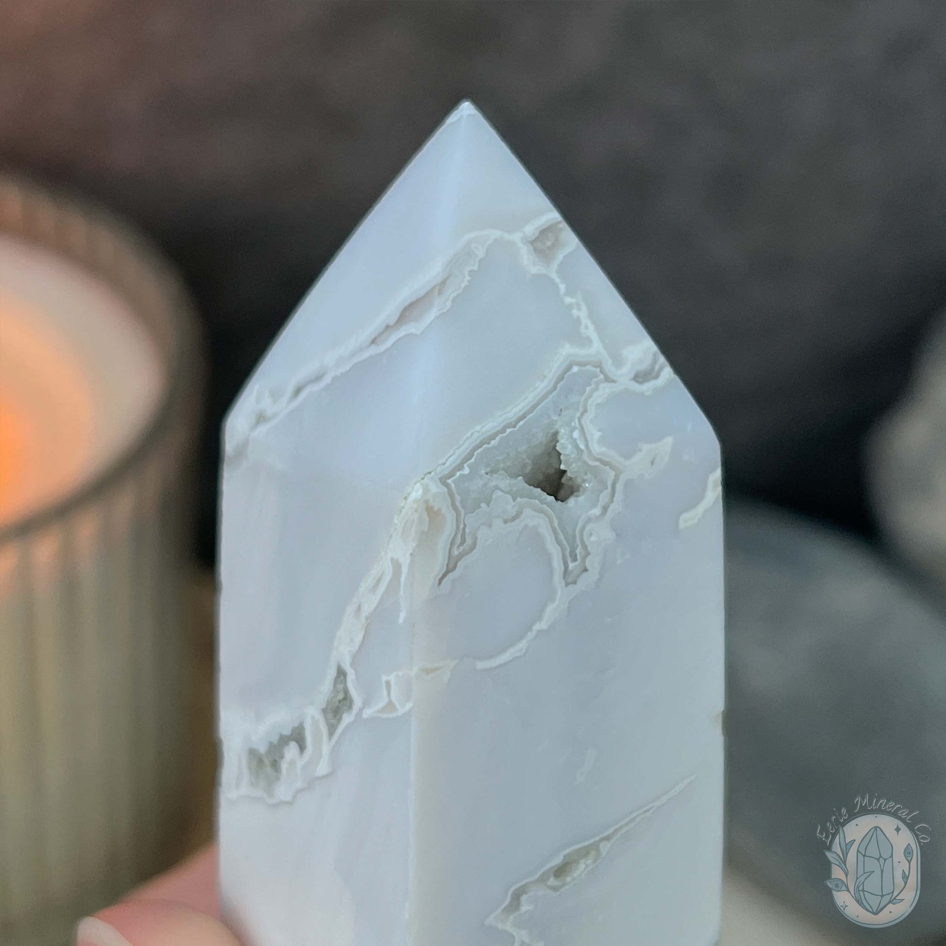 Polished White Druzy Agate Obelisk Tower