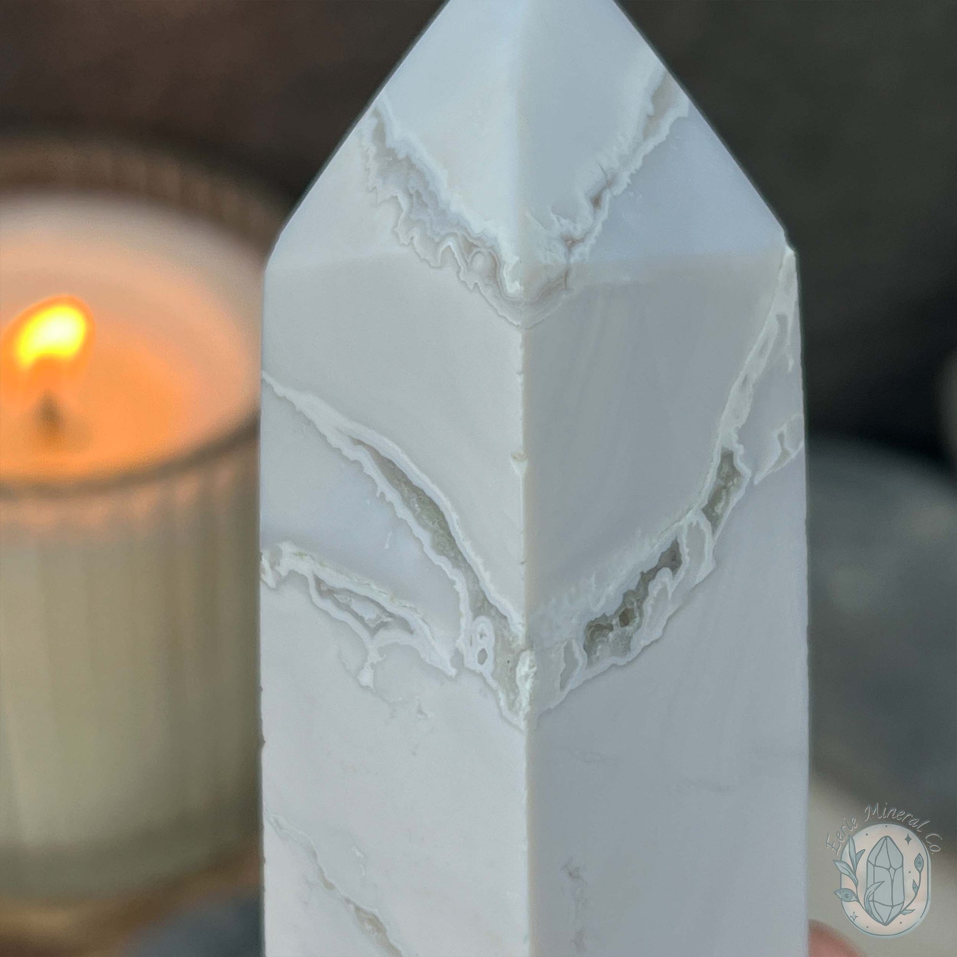 Polished White Druzy Agate Obelisk Tower