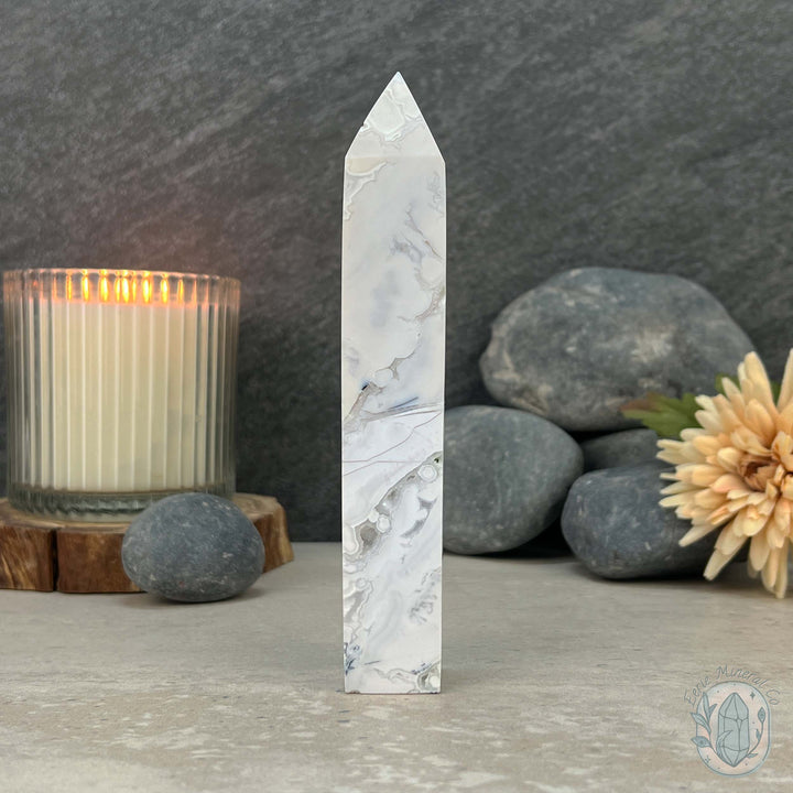 Polished White Druzy Agate Obelisk Tower