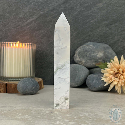 Polished White Druzy Agate Obelisk Tower