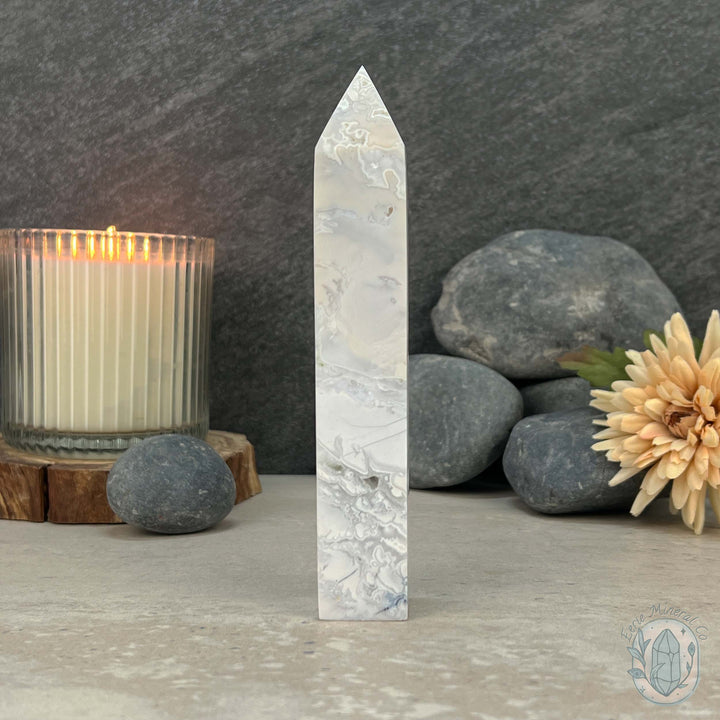 Polished White Druzy Agate Obelisk Tower