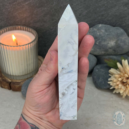 Polished White Druzy Agate Obelisk Tower