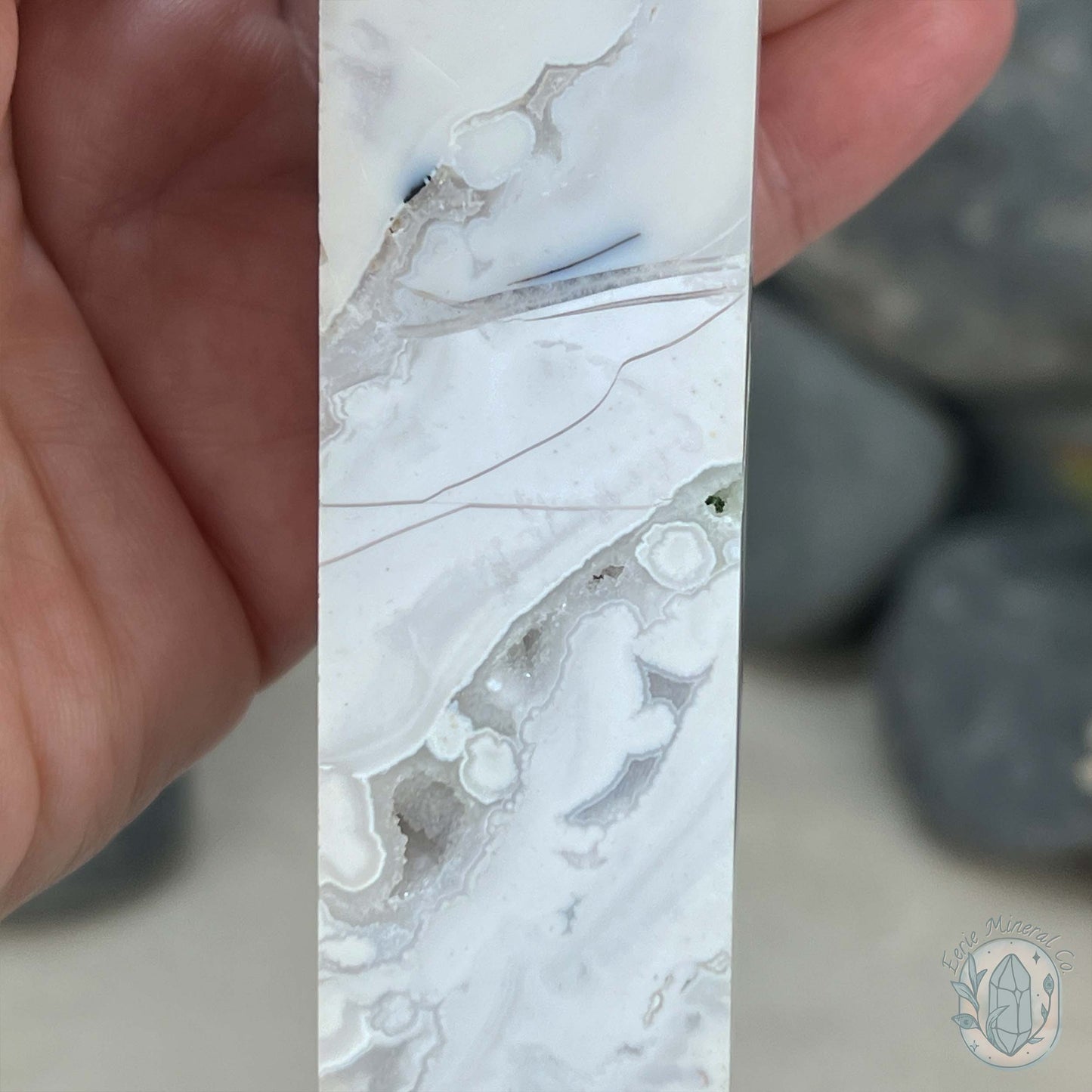 Polished White Druzy Agate Obelisk Tower