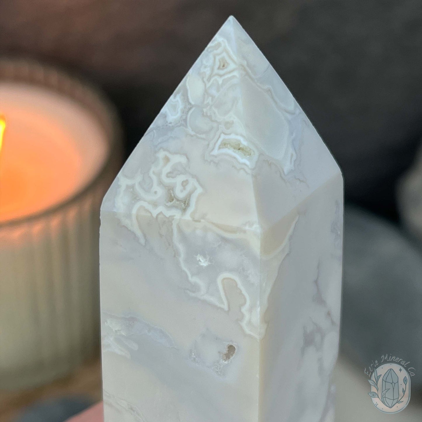 Polished White Druzy Agate Obelisk Tower