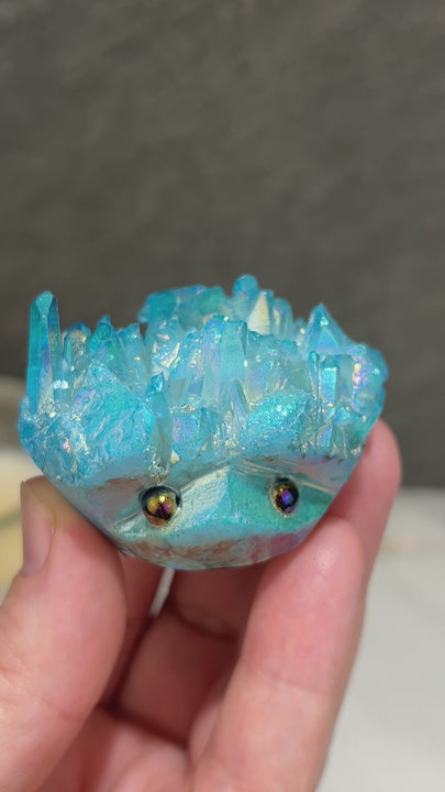 Blue Rainbow Aura Quartz Crystal Cluster Hedgehog Carving