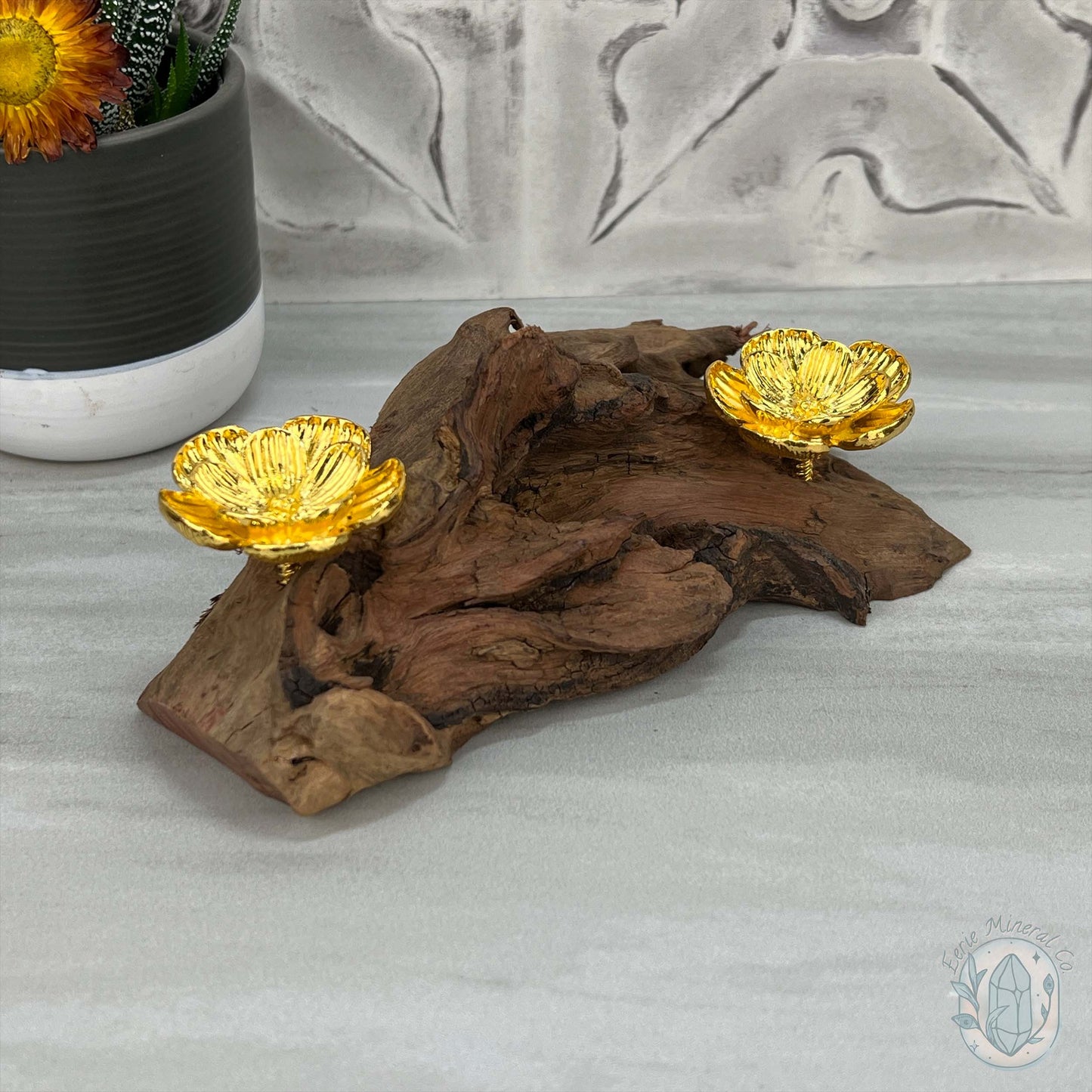 Natural Driftwood 2 Gold Cherry Blossom Sphere Holders Stand