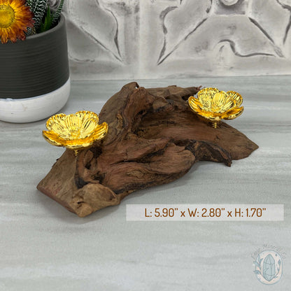 Natural Driftwood 2 Gold Cherry Blossom Sphere Holders Stand