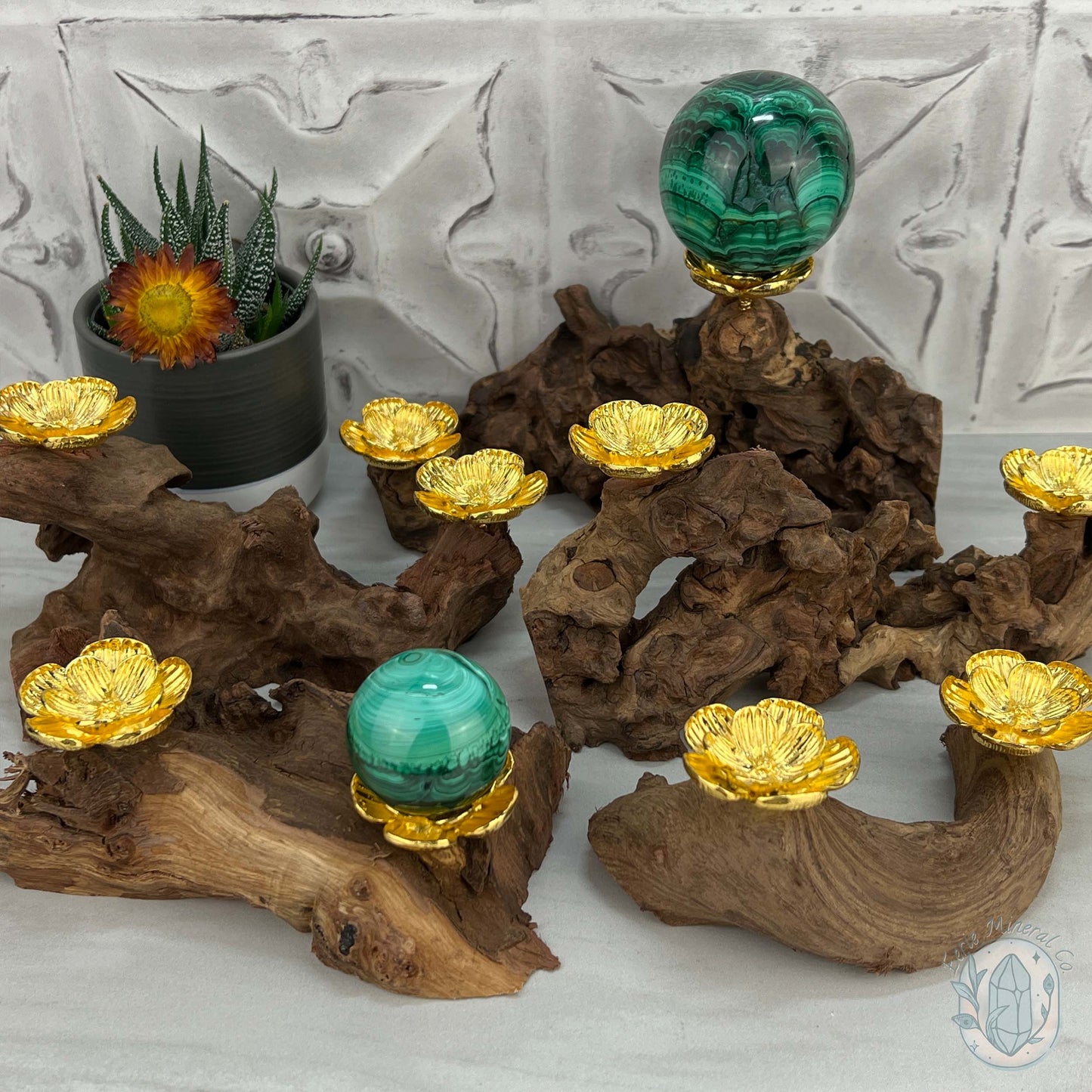 Natural Driftwood 2 Gold Cherry Blossom Sphere Holders Stand