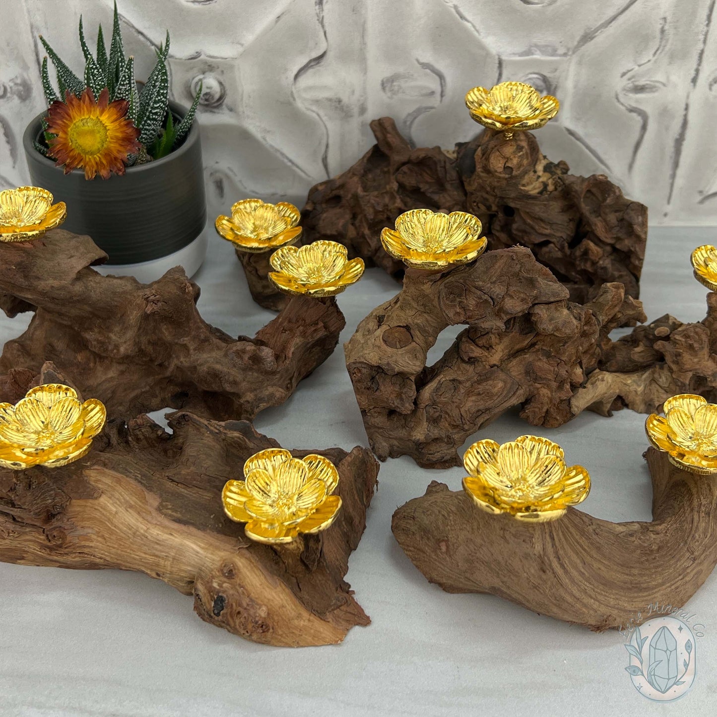 Natural Driftwood 2 Gold Cherry Blossom Sphere Holders Stand