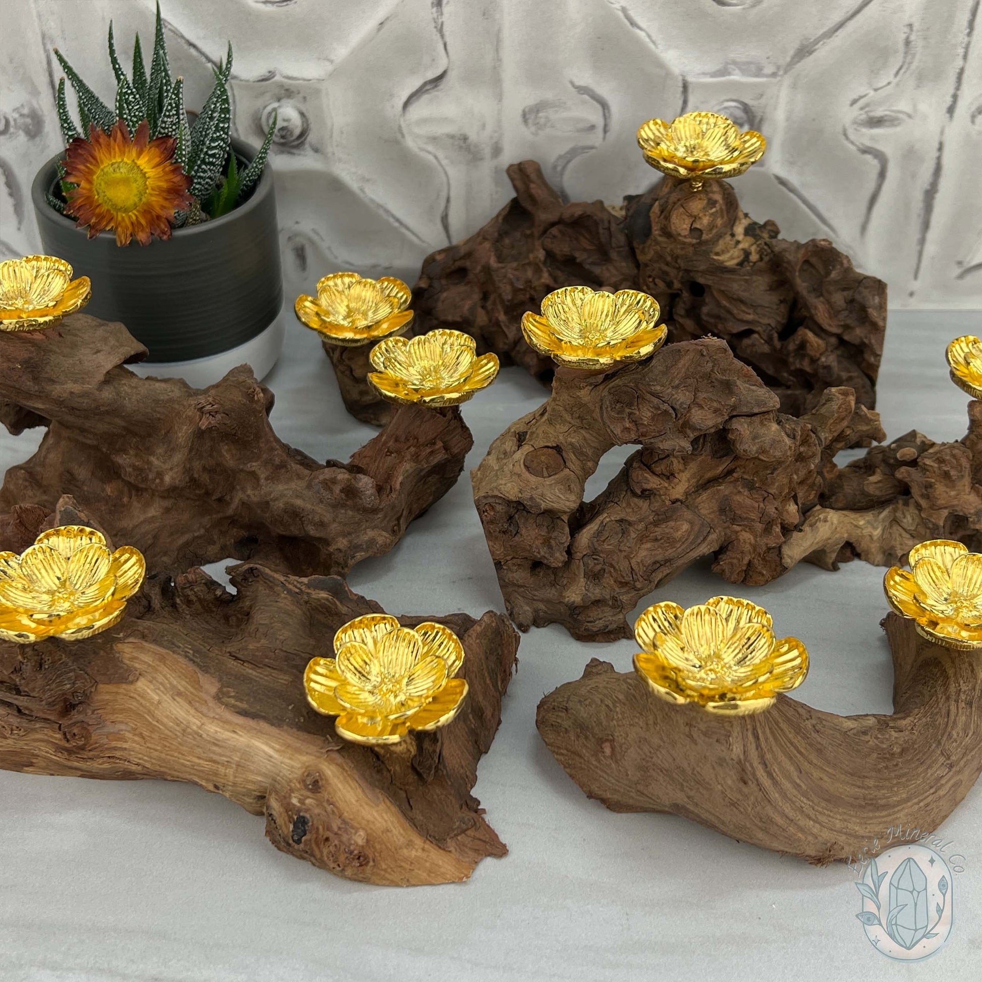 Natural Driftwood 2 Gold Cherry Blossom Sphere Holders Stand