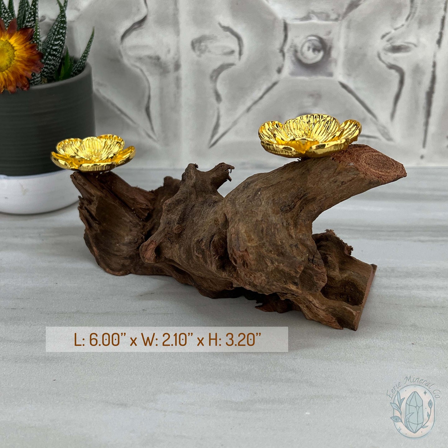 Natural Driftwood 2 Gold Cherry Blossom Sphere Holders Stand