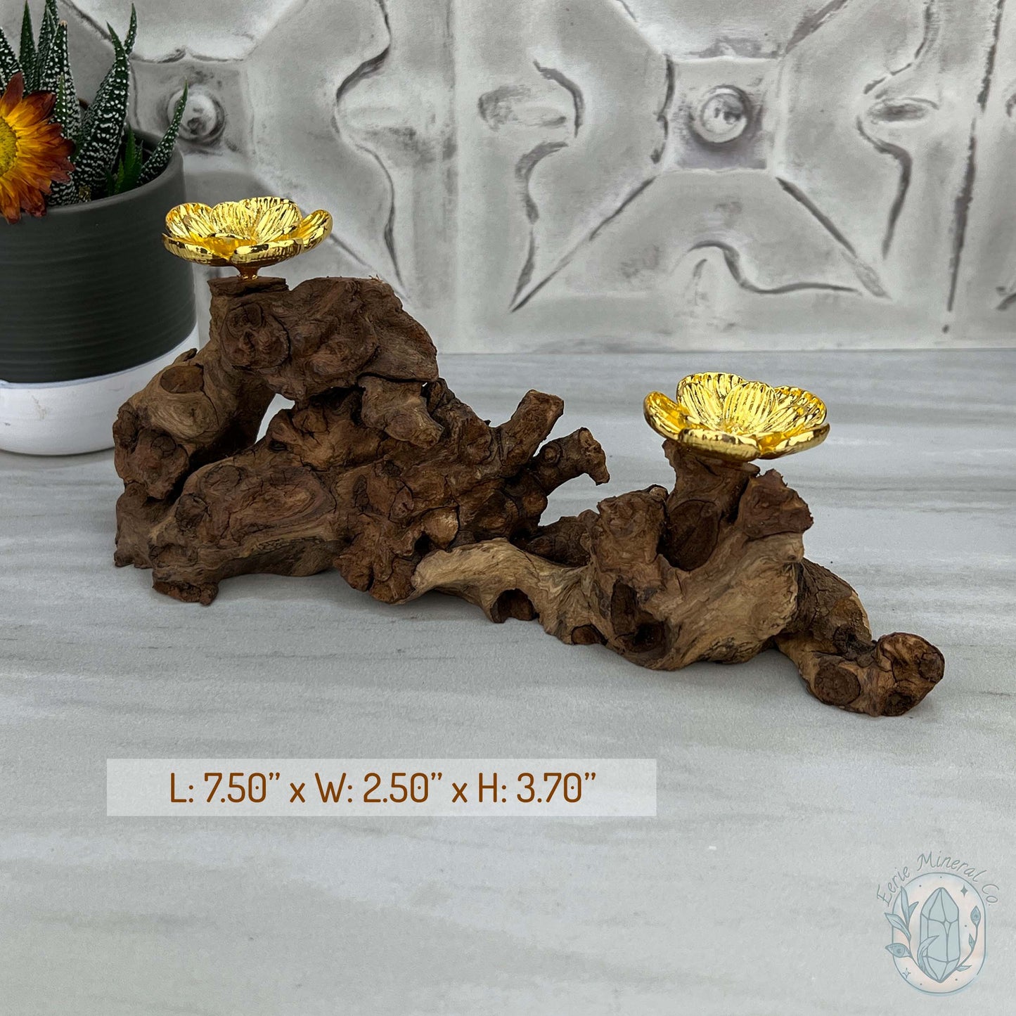 Natural Driftwood 2 Gold Cherry Blossom Sphere Holders Stand