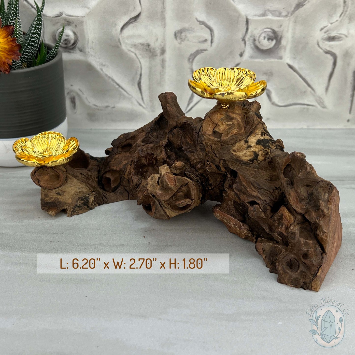 Natural Driftwood 2 Gold Cherry Blossom Sphere Holders Stand