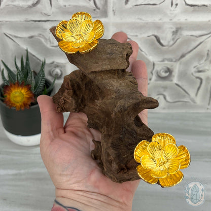 Natural Driftwood 2 Gold Cherry Blossom Sphere Holders Stand