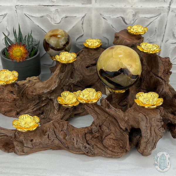 Natural Driftwood 3 Gold Cherry Blossom Sphere Holders Stand