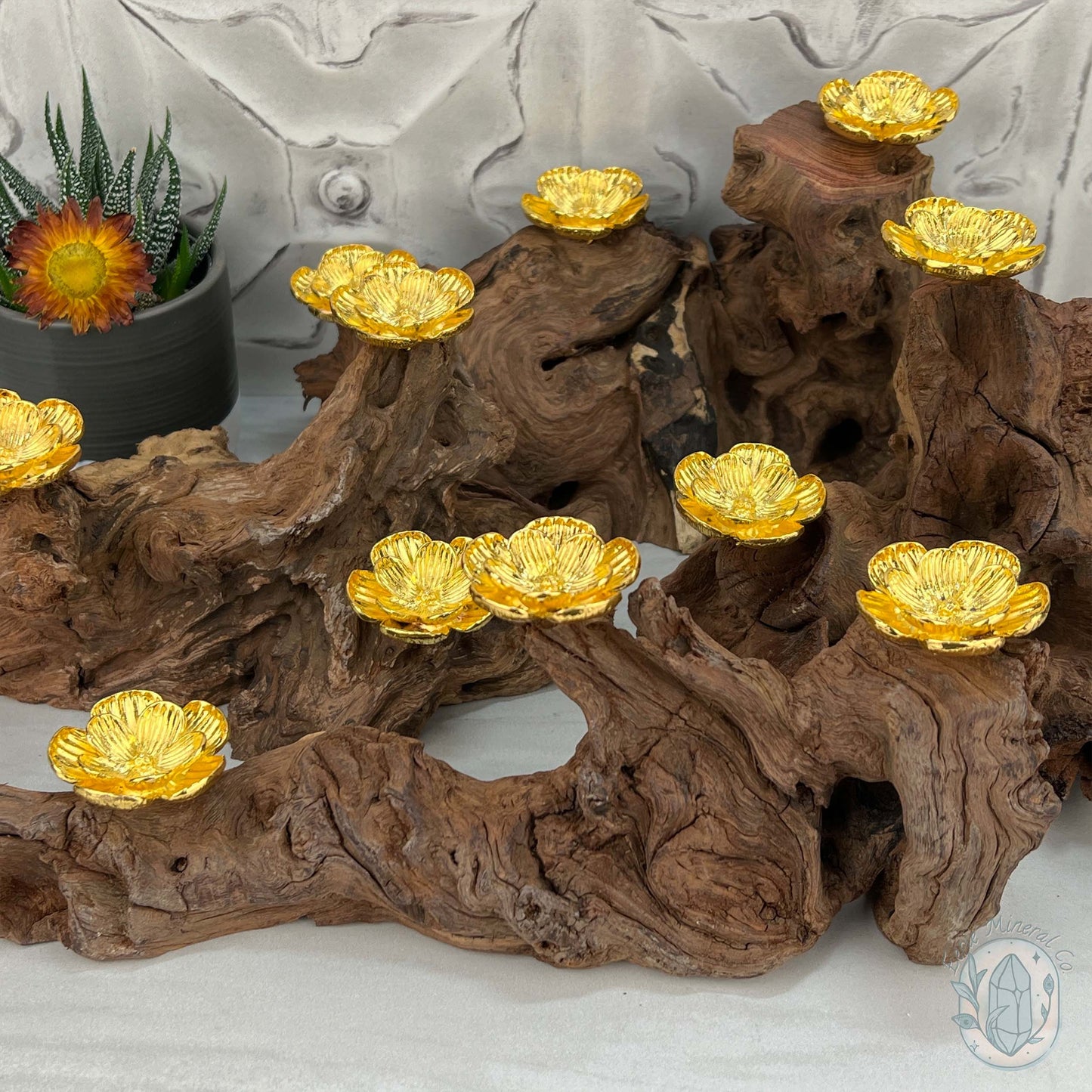 Natural Driftwood 3 Gold Cherry Blossom Sphere Holders Stand