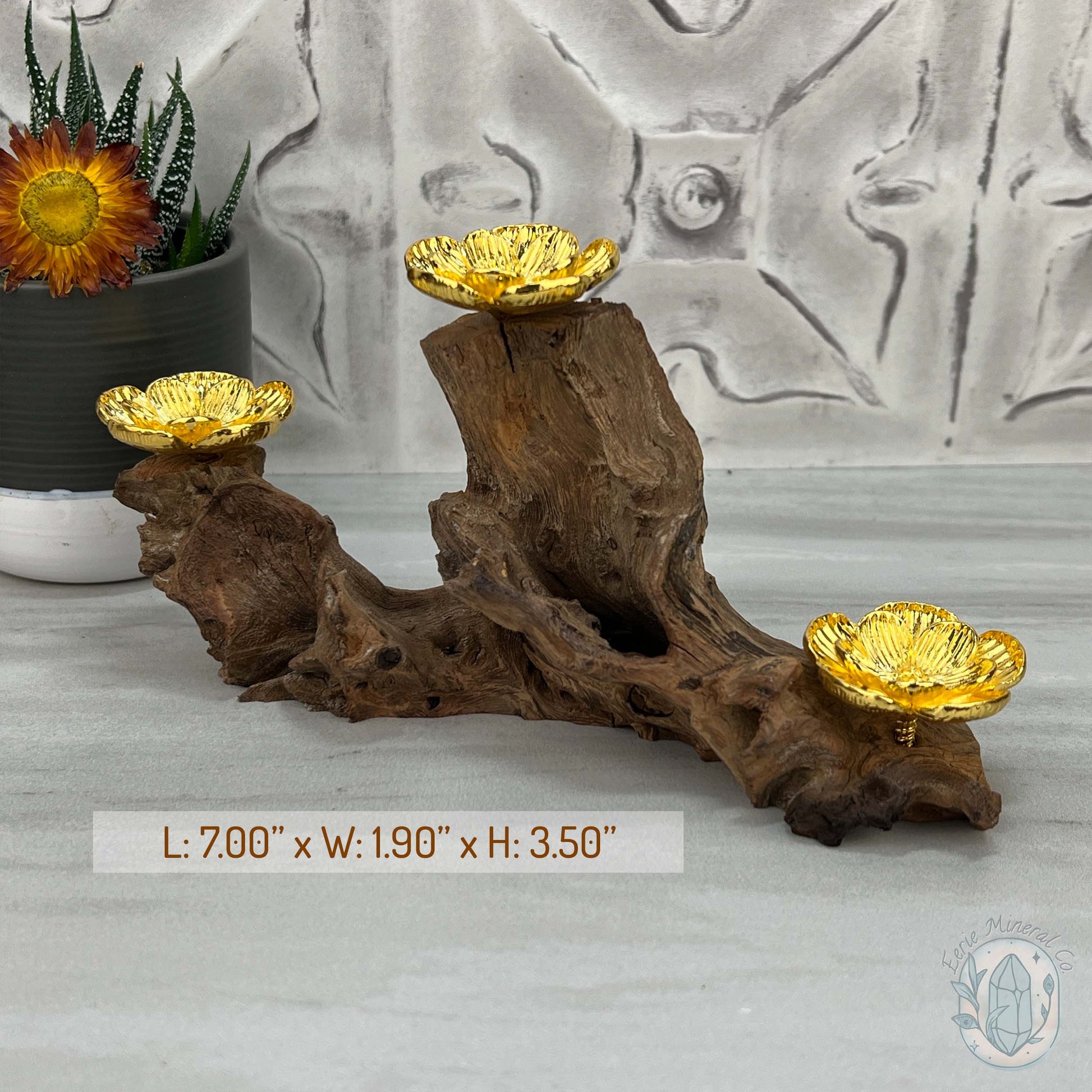 Natural Driftwood 3 Gold Cherry Blossom Sphere Holders Stand