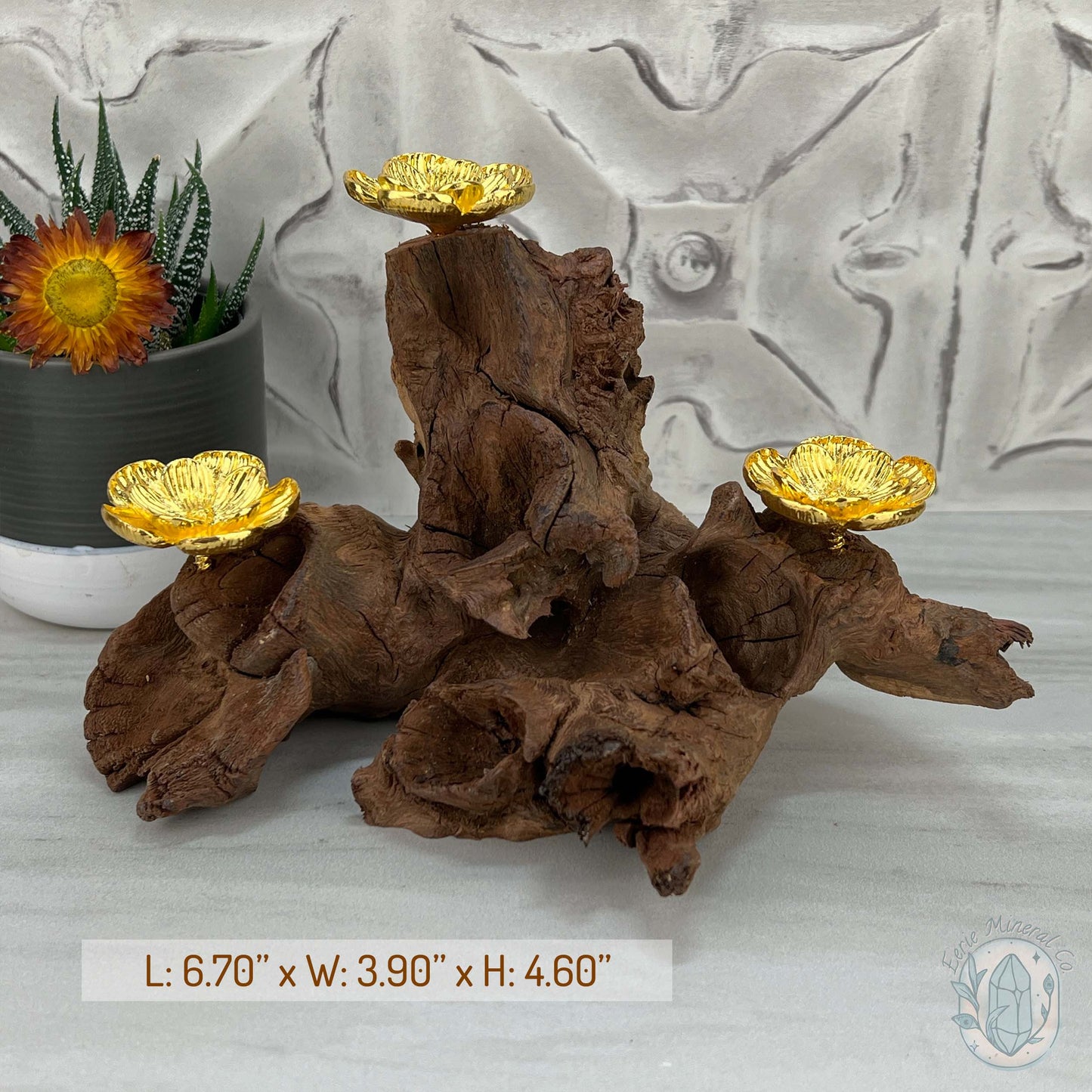 Natural Driftwood 3 Gold Cherry Blossom Sphere Holders Stand