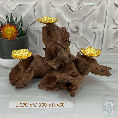 Natural Driftwood 3 Gold Cherry Blossom Sphere Holders Stand