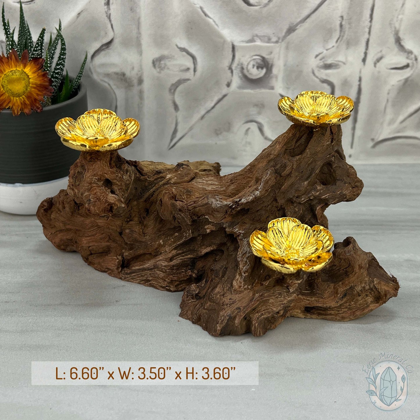 Natural Driftwood 3 Gold Cherry Blossom Sphere Holders Stand
