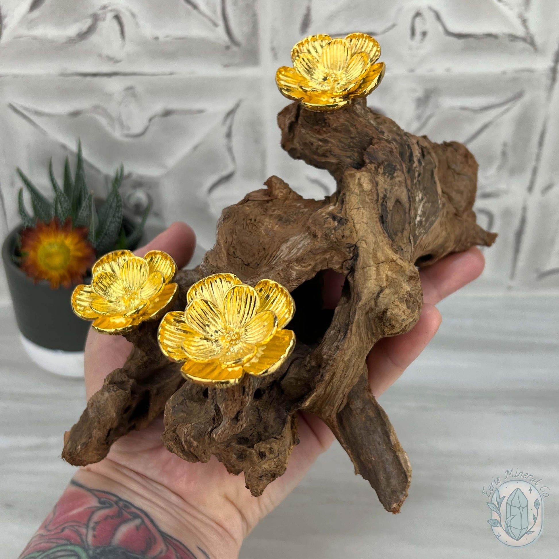 Natural Driftwood 3 Gold Cherry Blossom Sphere Holders Stand