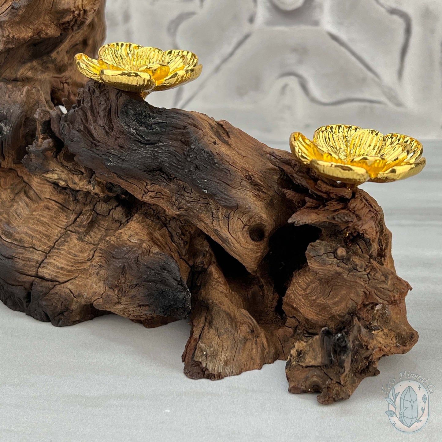 Natural Driftwood 3 Gold Cherry Blossom Sphere Holders Stand