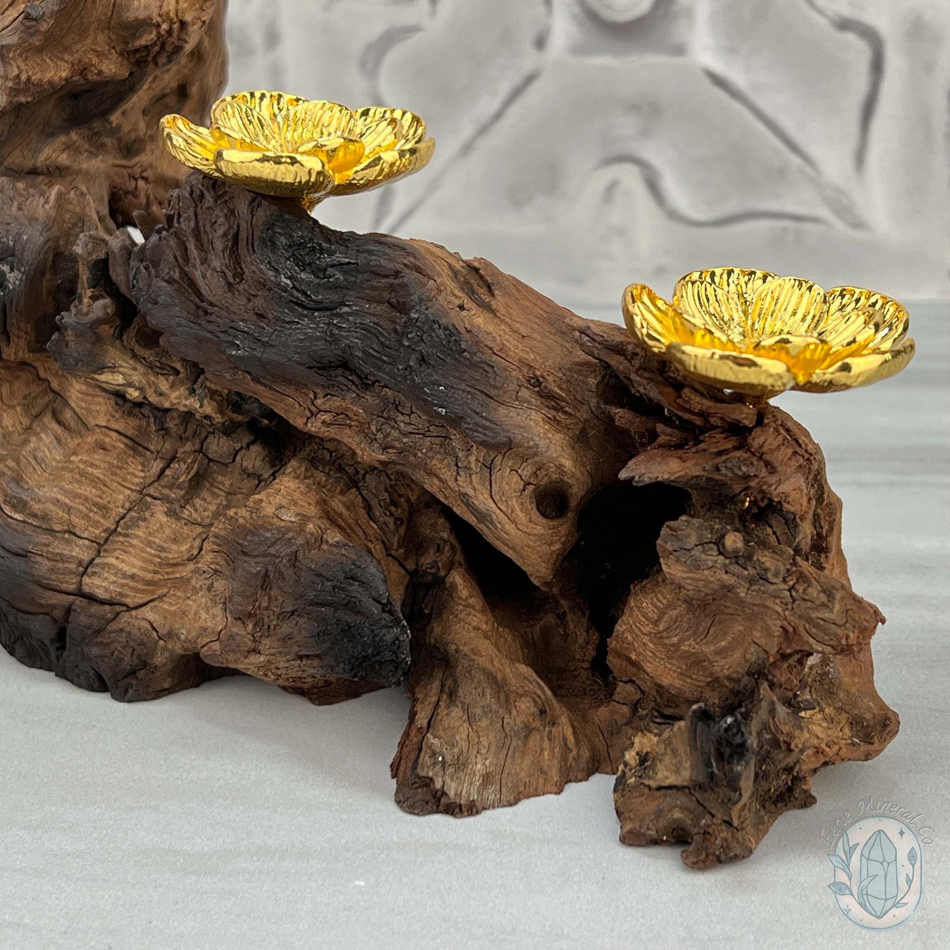 Natural Driftwood 3 Gold Cherry Blossom Sphere Holders Stand