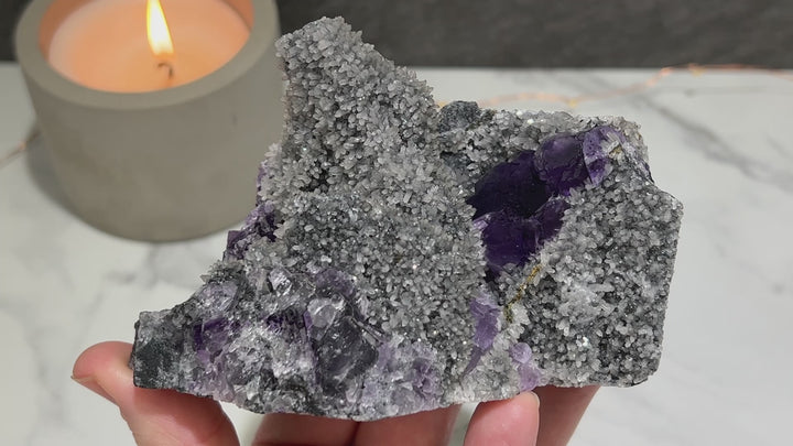 Purple Tanzanite Fluorite with Druzy Quartz Specimen