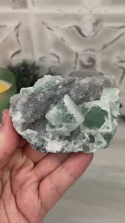 Natural Druzy Green Sugar Fluorite with Quartz Specimen