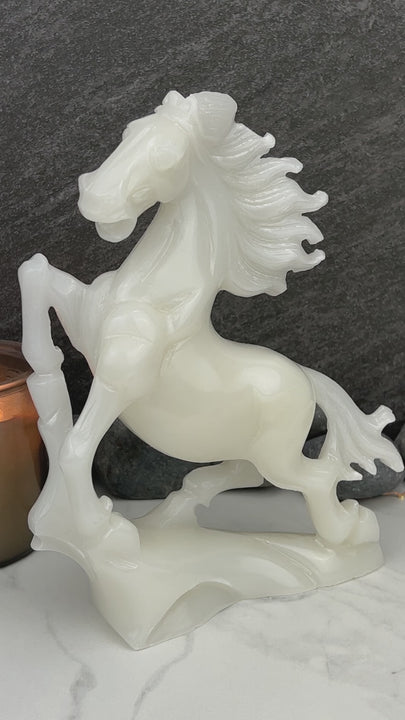 Large White Jade Rearing Stallion Horse Carving Statue
