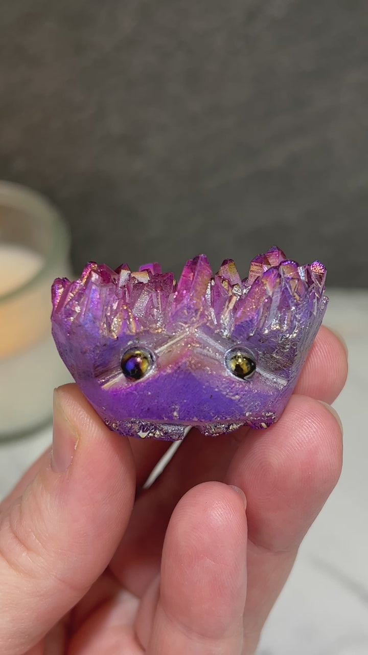 Purple Rainbow Aura Quartz Crystal Cluster Hedgehog Carving