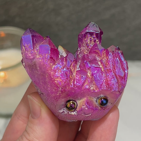 Purple Rainbow Aura Quartz Crystal Cluster Hedgehog Carving