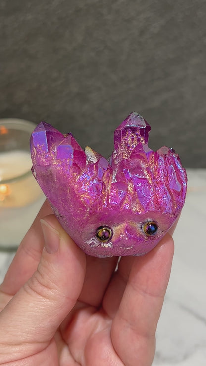 Purple Rainbow Aura Quartz Crystal Cluster Hedgehog Carving