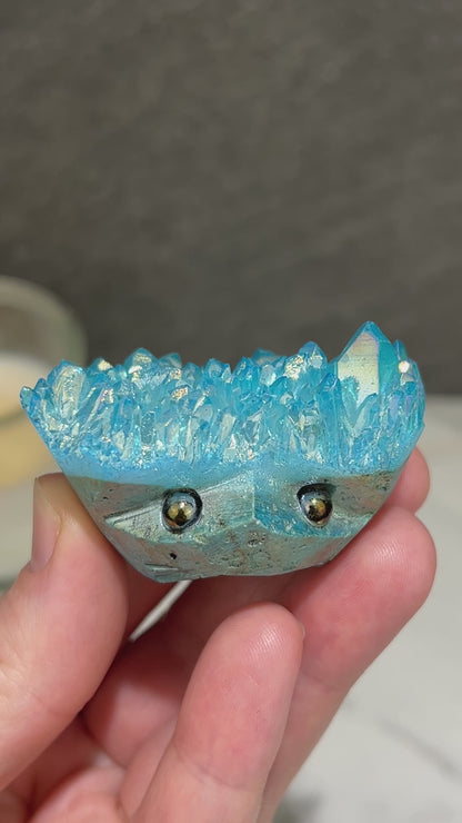 Blue Rainbow Aura Quartz Crystal Cluster Hedgehog Carving