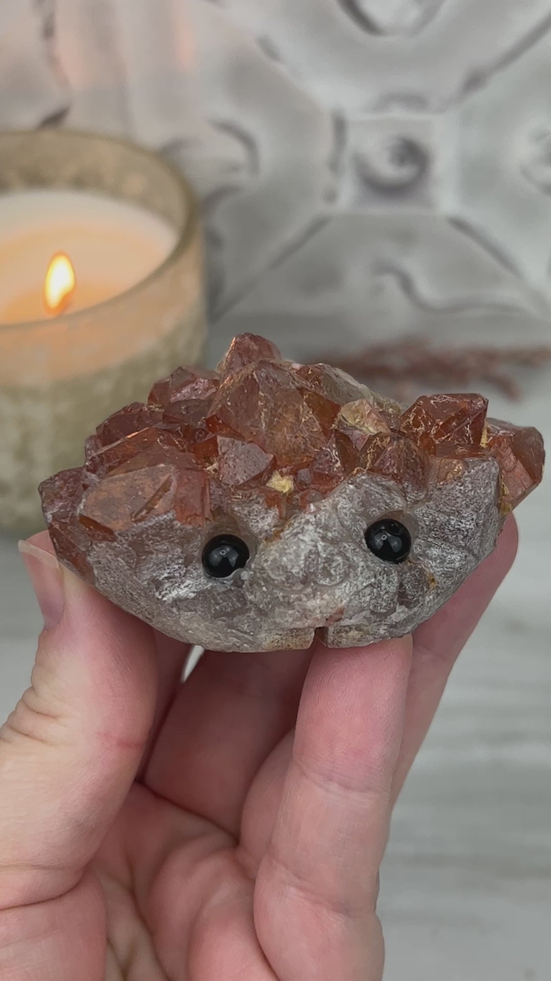 Quartz with Red Hematite Crystal Cluster Hedgehog Carving Specimen