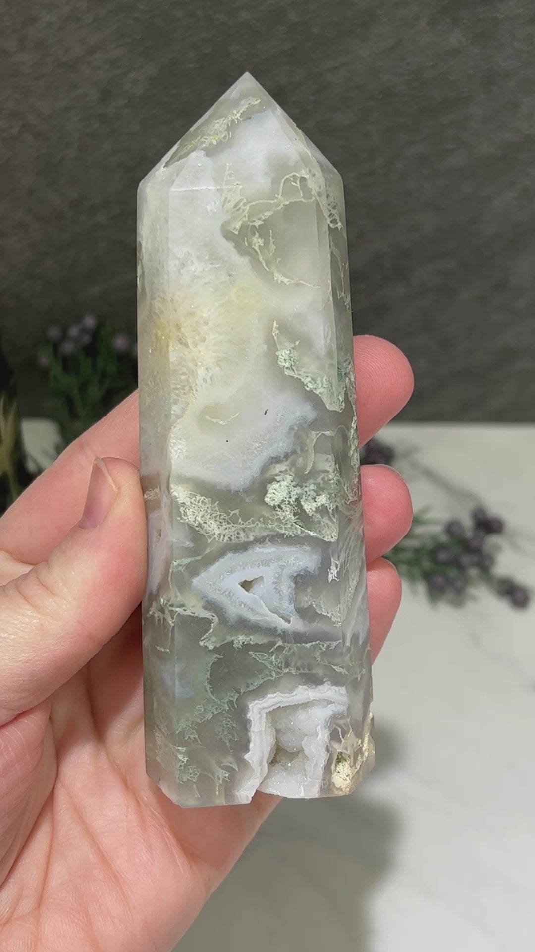 Polished Druzy Moss Agate Tower