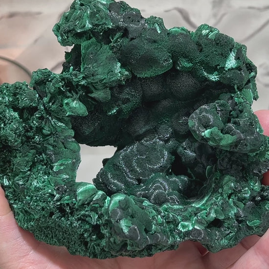 Silky Velvet Fibrous Malachite Specimen with Display Stand