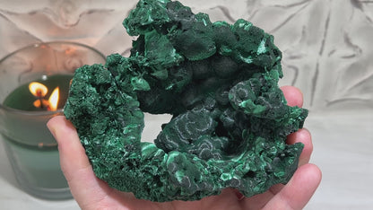 Silky Velvet Fibrous Malachite Specimen with Display Stand