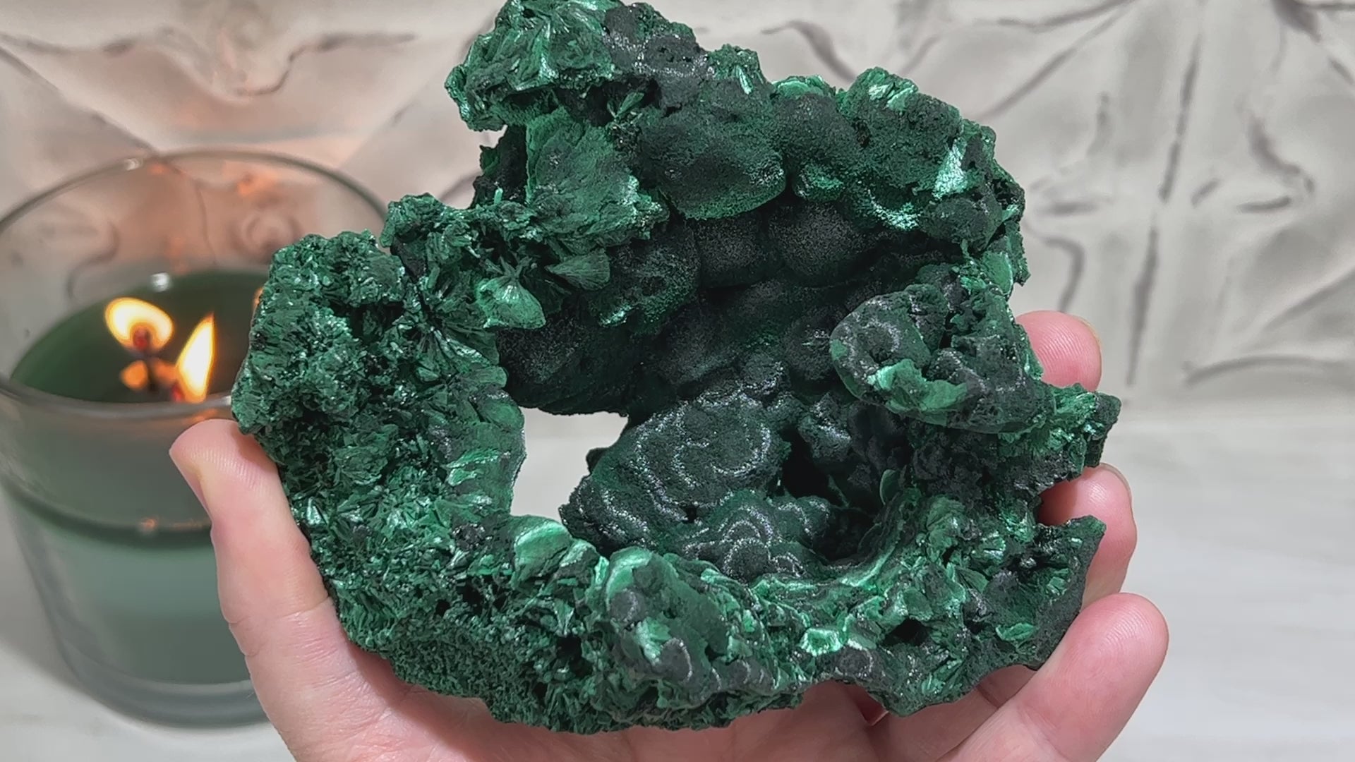 Silky Velvet Fibrous Malachite Specimen with Display Stand